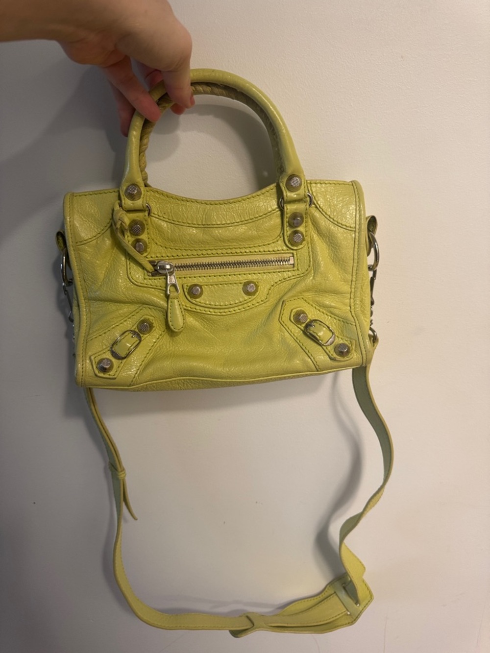 Balenciaga Lime Yellow Leather Mini City Crossbody with Top Handles